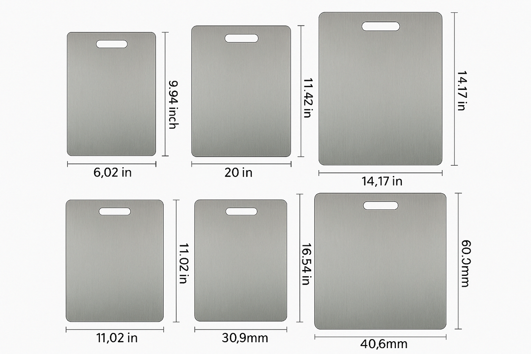 ChefGuard stainless steel cutting board, knife-friendly & unbreakable. Perfect for busy kitchen food preparation.