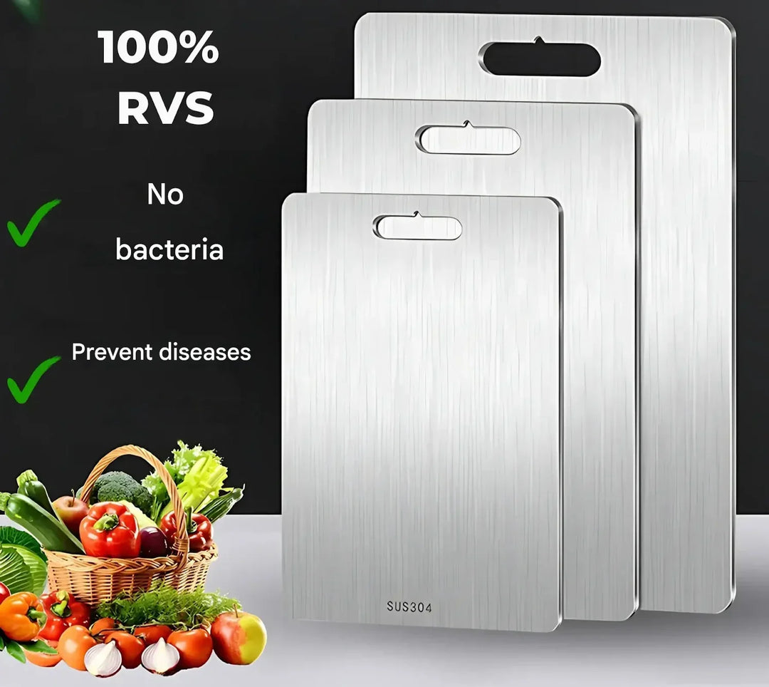 Easy-clean stainless steel cutting board for hygienic kitchen use. Rust-resistant and antibacterial for food prep.