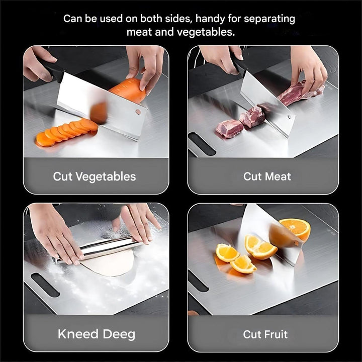 Premium stainless steel kitchen cutting board for safe & hygienic food prep. Rust-resistant, antibacterial.