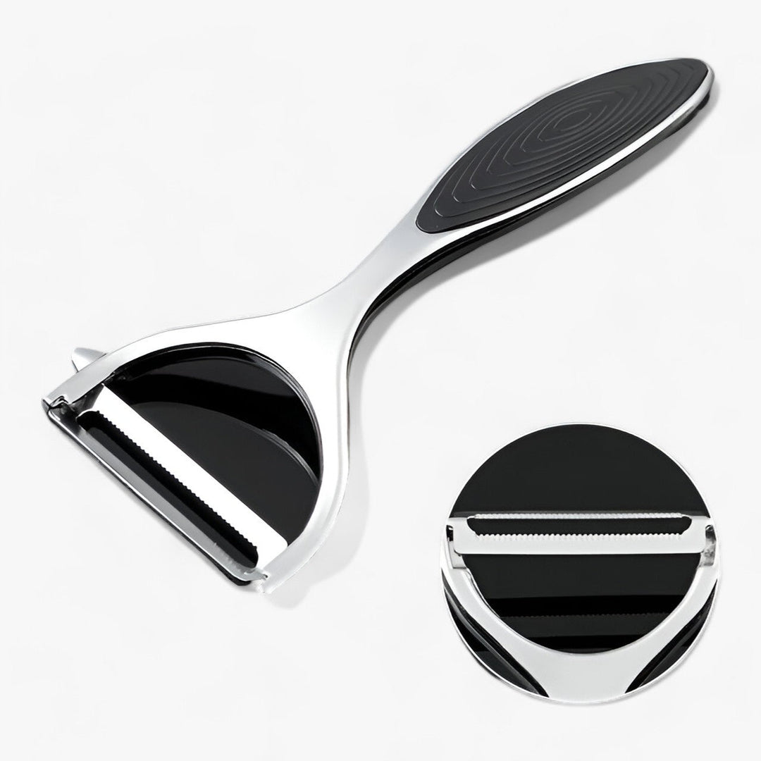 ProPeeler stainless steel tool for efficient vegetable peeling & fruit slicing. A must-have kitchen gadget.