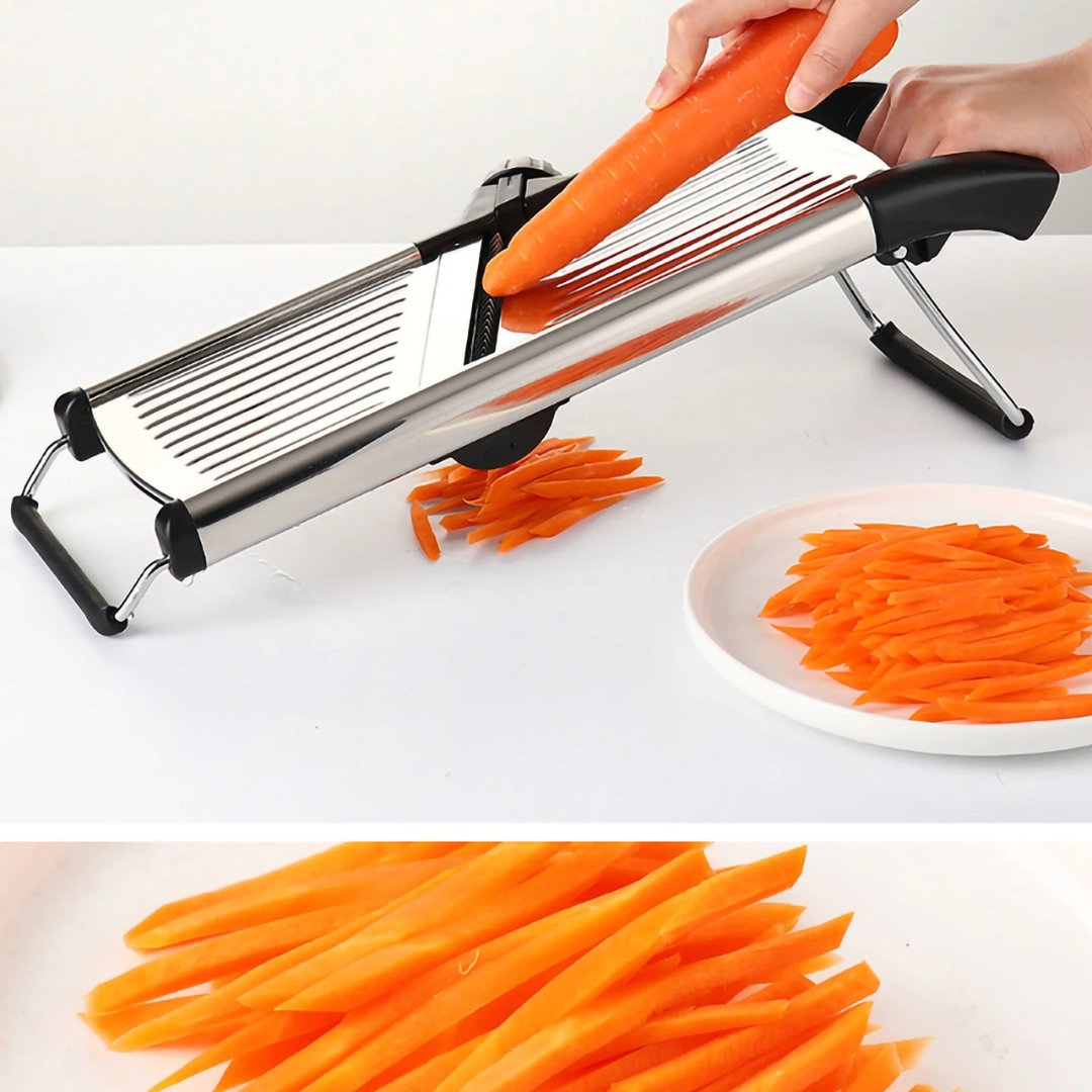 PrecisionSlice stainless steel mandoline for uniform vegetable slicing. Ideal kitchen tool for meal prep.