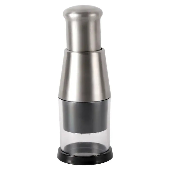 Stainless steel manual vegetable chopper for quick, effortless food prep.