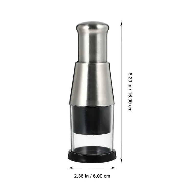 Manual stainless steel chopper, designed for effortless and safe vegetable preparation.