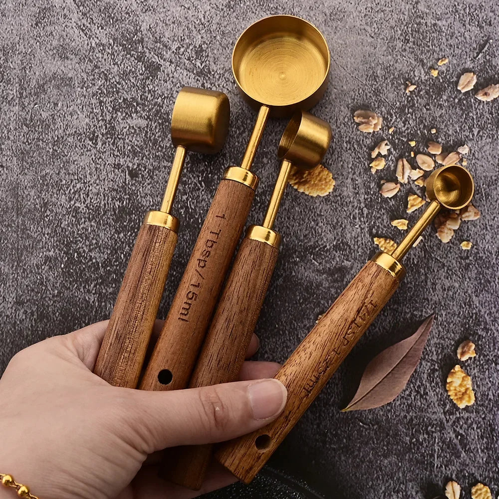 Complete kitchen measuring spoon set, perfect for all your baking & cooking needs, featuring wood handles.