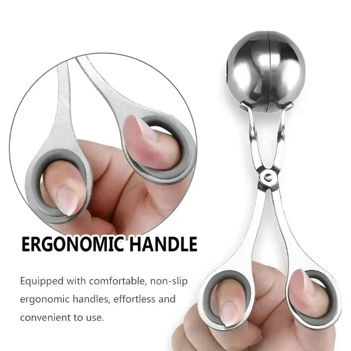 Handheld stainless steel meatball maker for convenient, hygienic preparation of delicious meatballs.