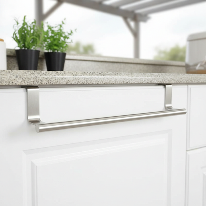 Stainless steel over-door towel rack for kitchen or bathroom, no drill installation, rust-resistant home storage.