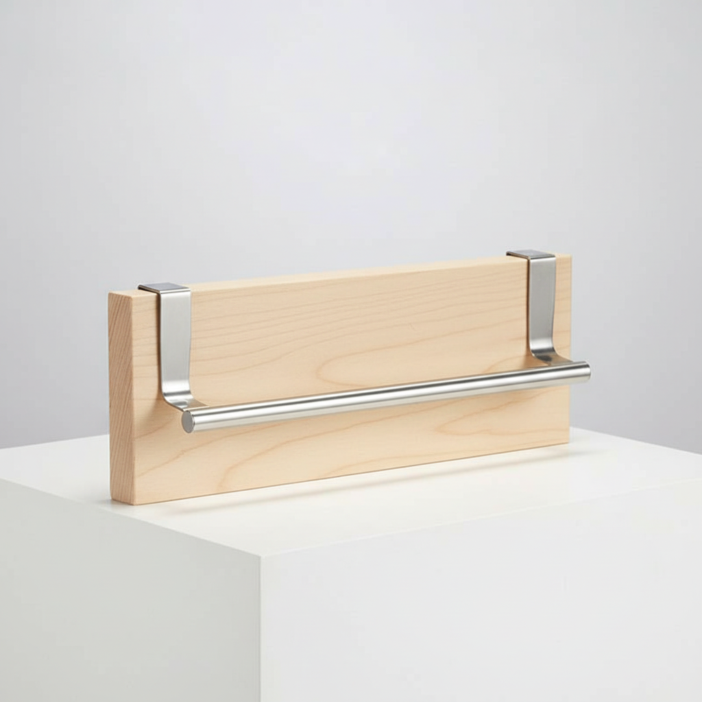 Kitchen organizer: Stainless steel over-door towel holder providing convenient storage without drilling.