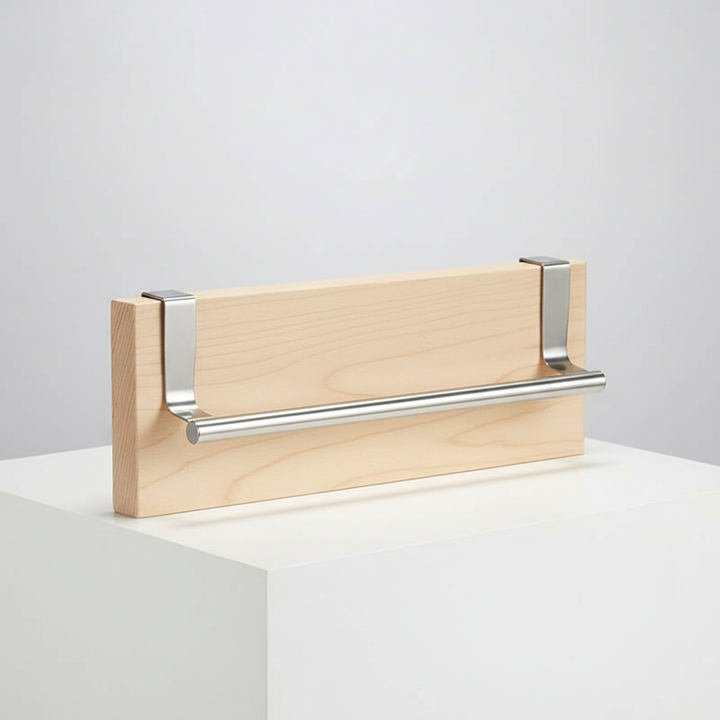 Kitchen organizer: Stainless steel over-door towel holder providing convenient storage without drilling.