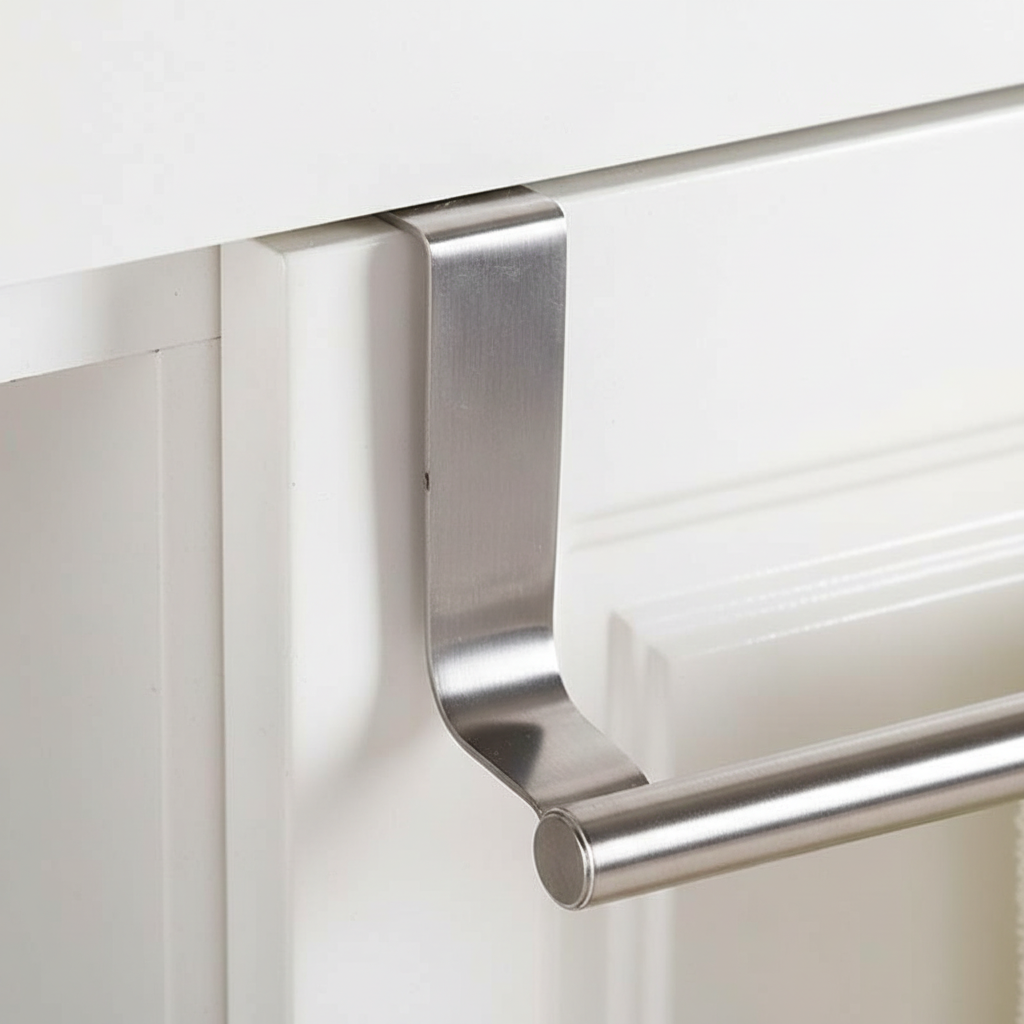 Rust-resistant stainless steel towel organizer for kitchen cabinets or bathroom doors, space-saving design.