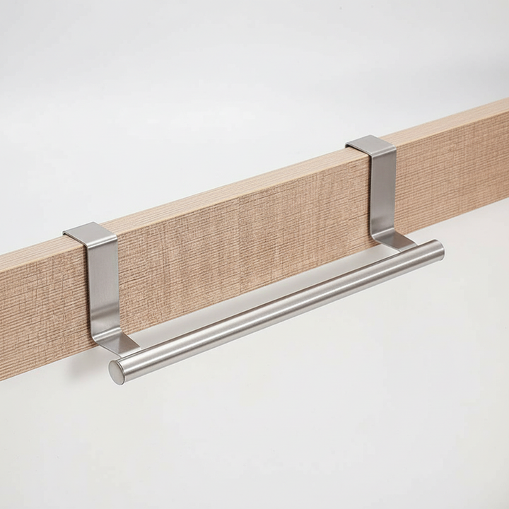 Durable stainless steel over-door towel holder, ideal for kitchen accessories and bathroom storage, no drilling required.