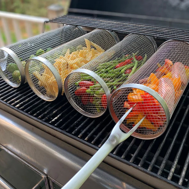 Stainless steel rolling BBQ grill basket for even cooking of vegetables & small foods.