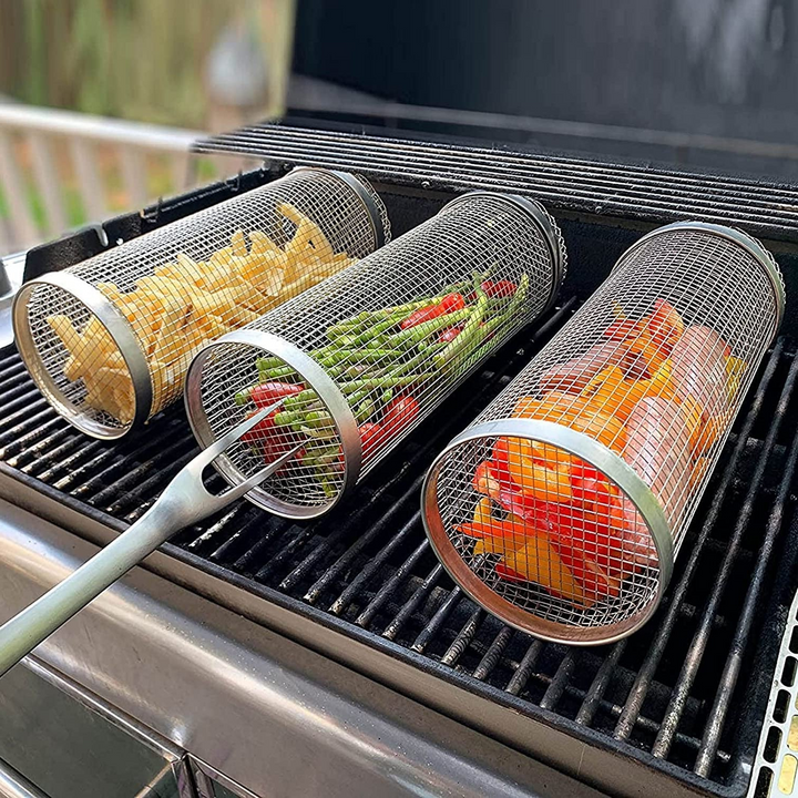 Effortless rolling grill basket, durable stainless steel for perfect outdoor barbecue.