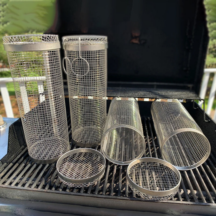 Innovative stainless steel food tumbler, ideal for grilling veggies & small meats without falling.