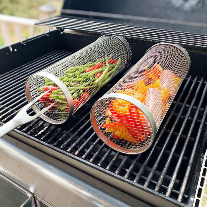 BBQ grill accessory: rolling stainless steel basket for easy turning & even heat distribution.