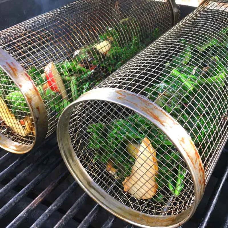Convenient outdoor cooking with this rolling stainless steel vegetable grill basket.