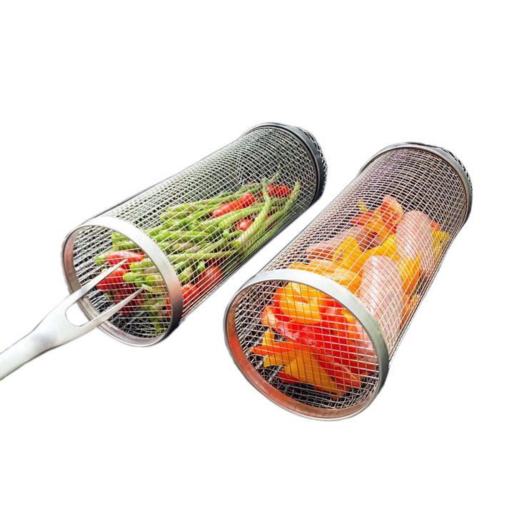 Premium stainless steel rolling grill basket for secure & easy barbecue of various foods.
