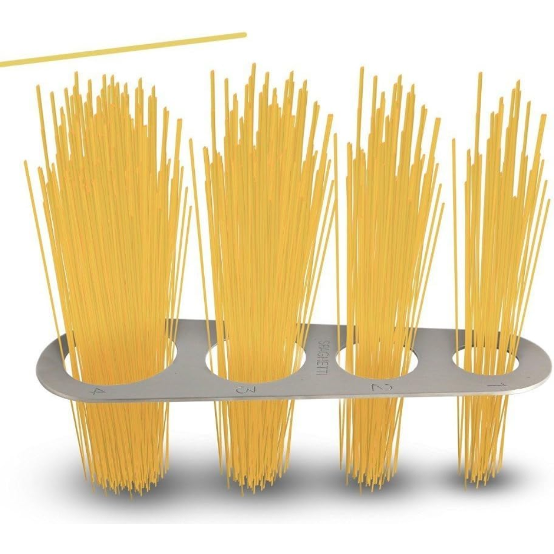 Sleek stainless steel spaghetti portion tool with 4 different holes for precise pasta serving sizes. Great for meal prep.