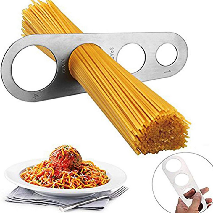 Silver stainless steel spaghetti portion control tool, featuring multiple measuring holes for exact pasta amounts. Home cooking aid.