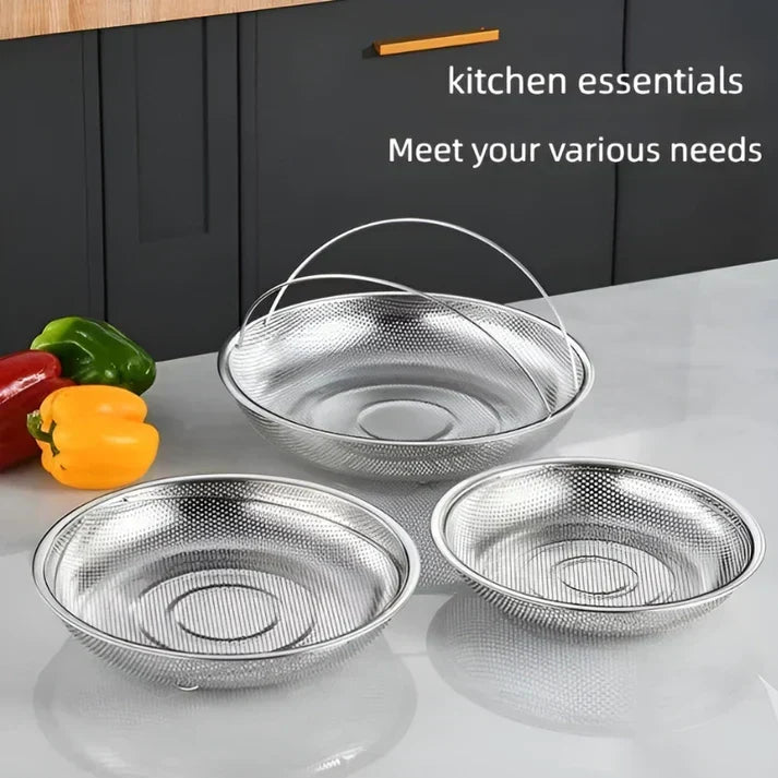 SteamChef stainless steel basket for steaming vegetables, fish, and dumplings. A versatile healthy cooking tool.