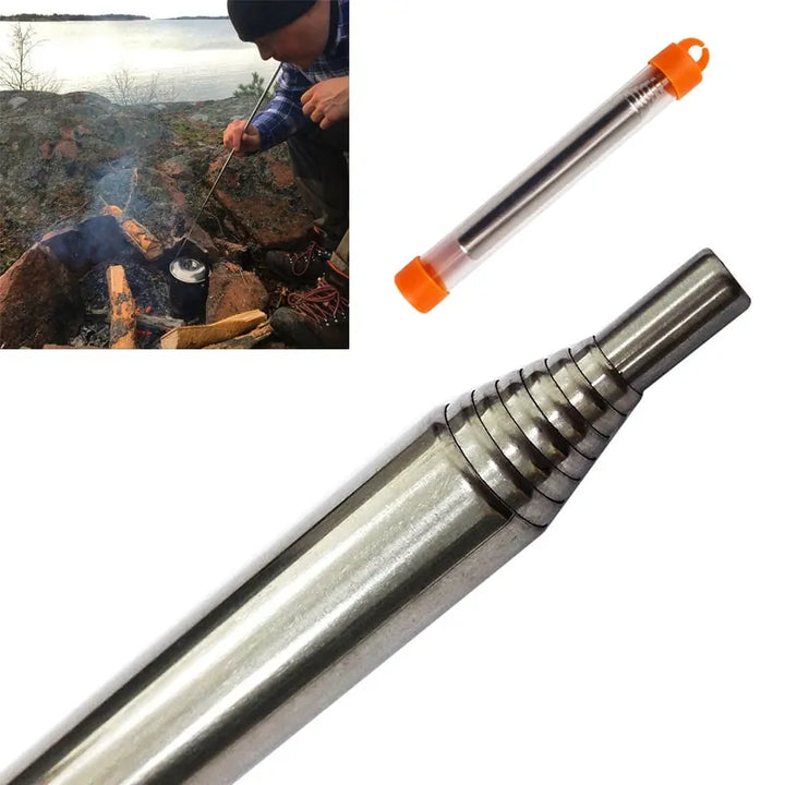 Versatile outdoor blowpipe for fire starting. Stainless steel tool for camping, hiking, & backyard BBQs.