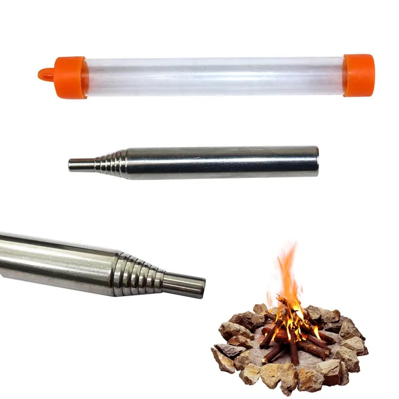 Effortless fire starting with this portable stainless steel survival blowpipe for camping & outdoor use.