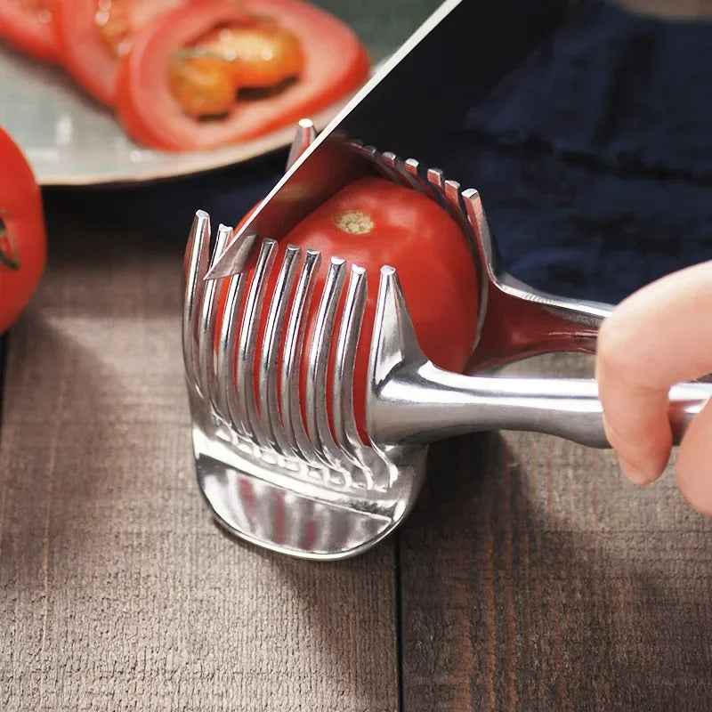 Stainless steel vegetable slicer, the SliceEase, for effortless and quick fruit and veggie food prep in the kitchen.