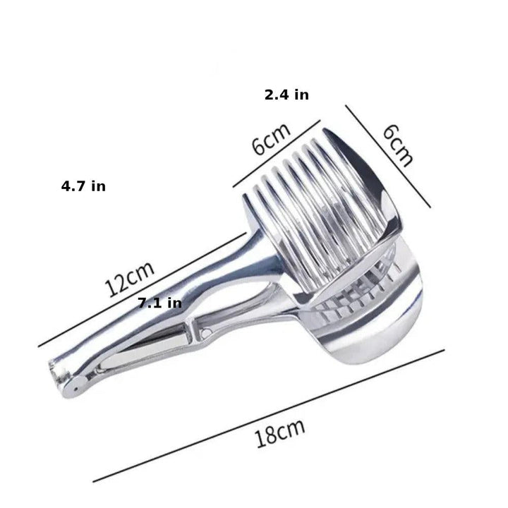 SliceEase RVS vegetable slicer, a durable stainless steel kitchen tool for precise and efficient fruit cutting.