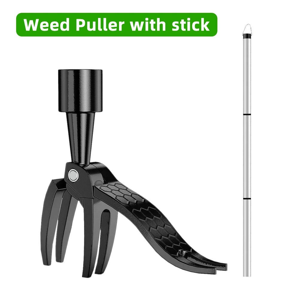 Heavy-duty stand up weed puller tool. Ergonomic design for efficient root removal & garden plant care.