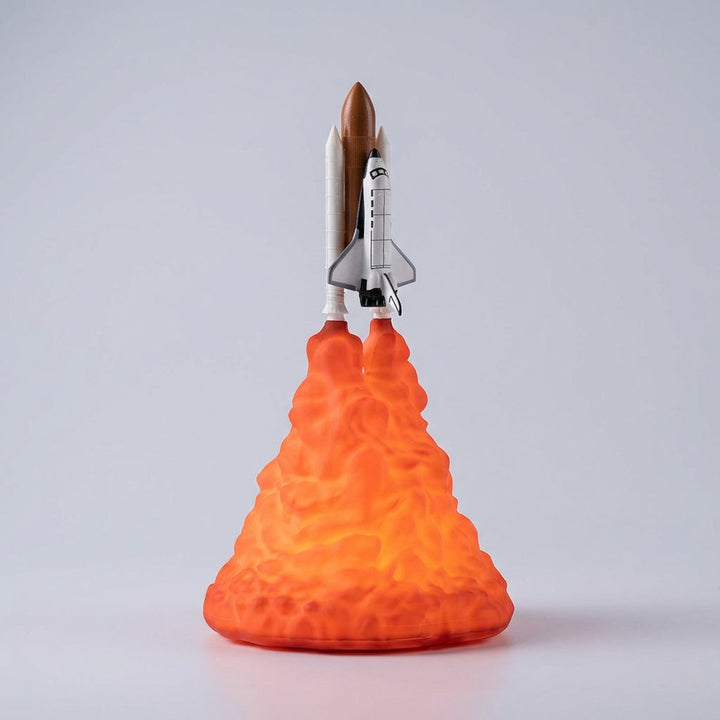 Detailed spacemodel rocket night light with LED illumination for children's rooms.