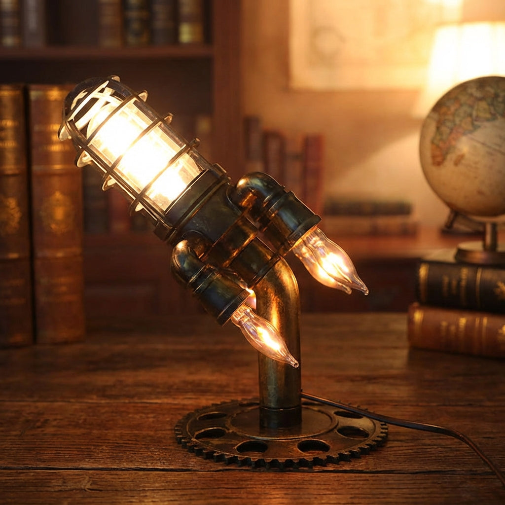 Steampunk Rocket Table Lamp Aetherock, industrial decor desk light, vintage accent lighting with gears & pipes