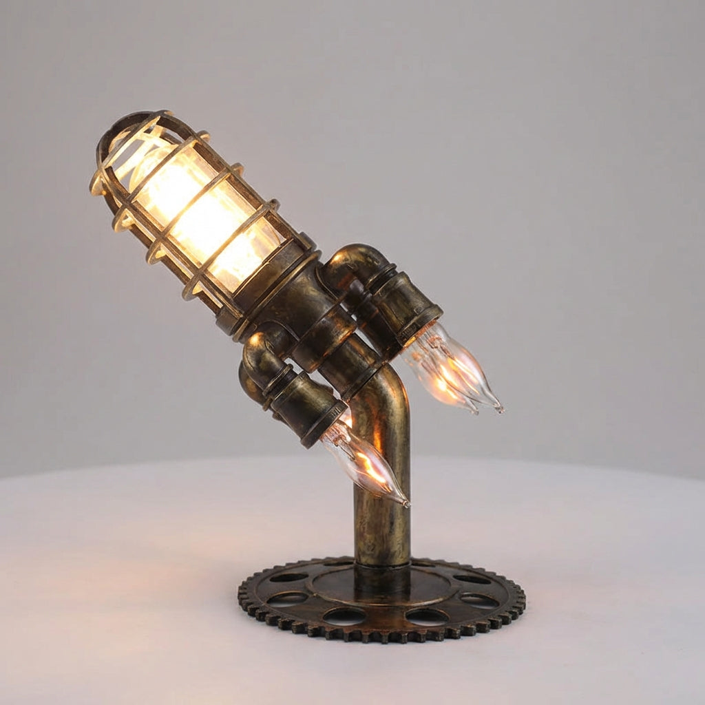 Unisex Steampunk Rocket Table Lamp, unique home decor, ambient desk light with antique-style metal finish