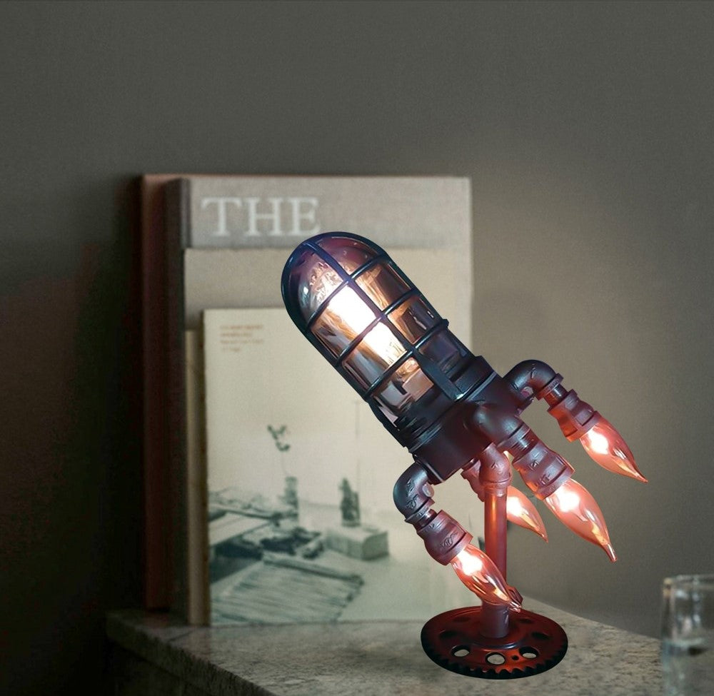 Steampunk table lamp in rocket shape, Aetherock model, perfect for industrial or vintage home decor