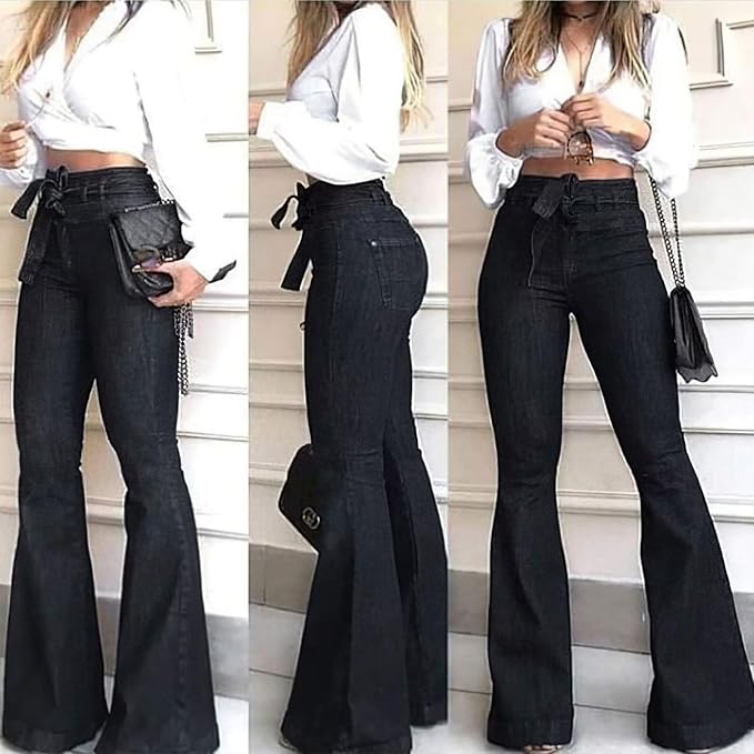 Close-up of Stella high-waisted flared jeans, showing stretch denim fabric