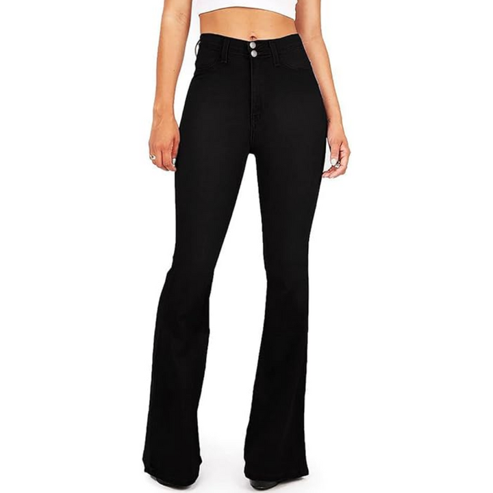 Back view of Stella high-waisted flared jeans, highlighting bell bottom style