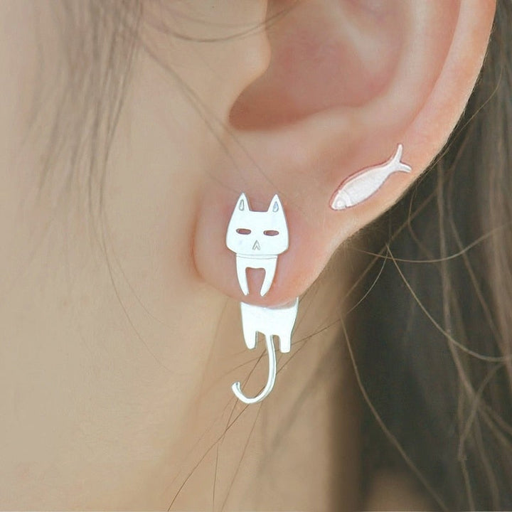 Sterling silver climbing cat earrings for women. Whimsical feline jewelry, perfect unique gift for cat lovers.