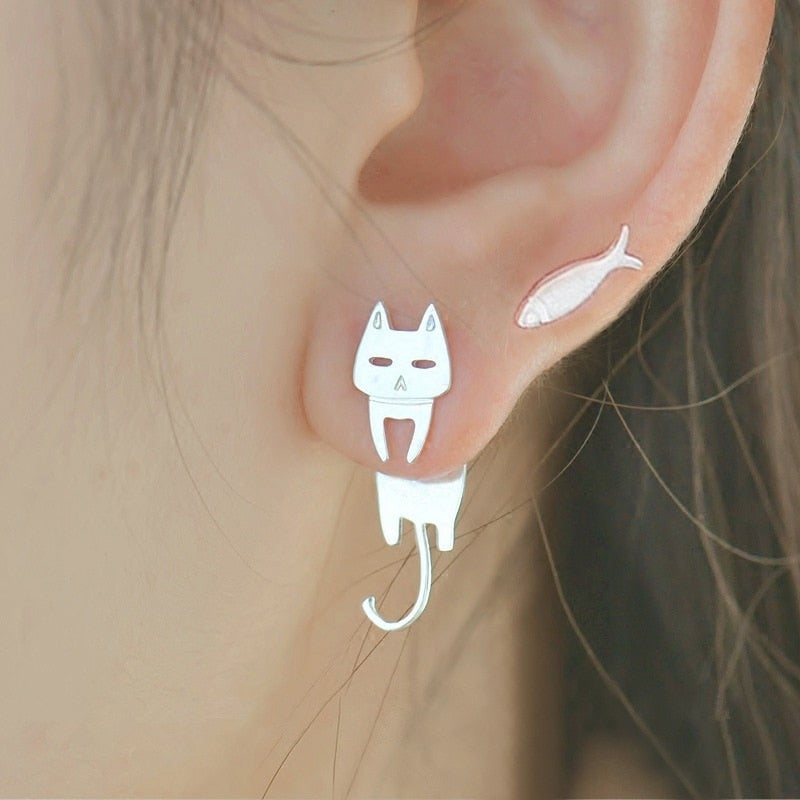 Luna sterling silver climbing cat earrings. Playful women's jewelry, unique animal lover gift for feline fans.