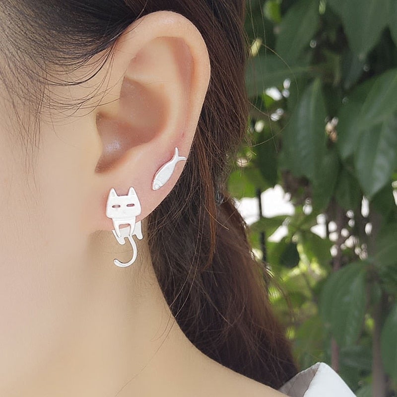 Elegant sterling silver climbing cat earrings. Women's animal jewelry, perfect whimsical gift for cat lovers.