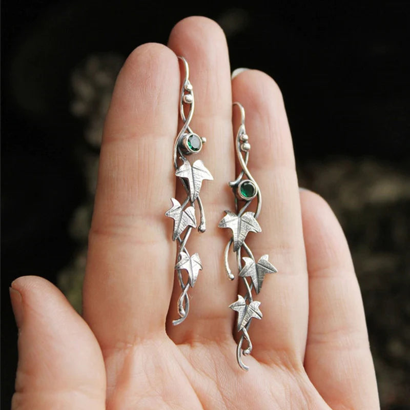 Enchanting fairy elf leaf drop earrings, sterling silver, mystical nature-inspired fantasy jewelry for women.