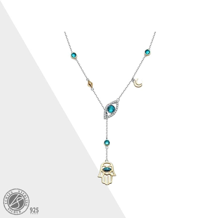 Sterling silver Hamsa crystal necklace for women, featuring sparkling crystal accents and a protective charm.