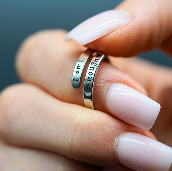 Women's sterling silver 'I Am Enough' ring. A meaningful self-love gift & empowerment jewelry for daily inspiration.
