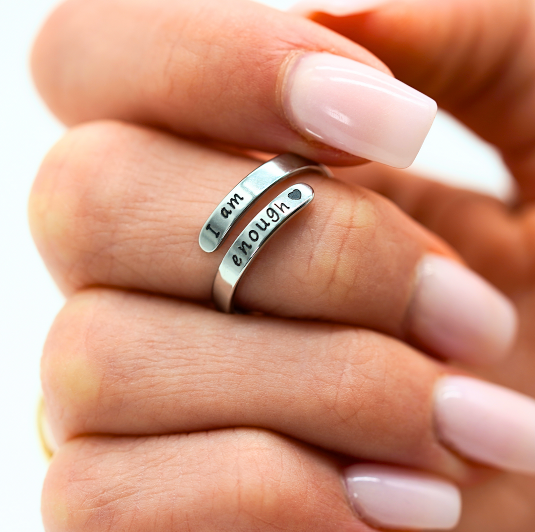 Stylish sterling silver 'I Am Enough' ring for women. Inspirational jewelry designed for self-love & empowerment.