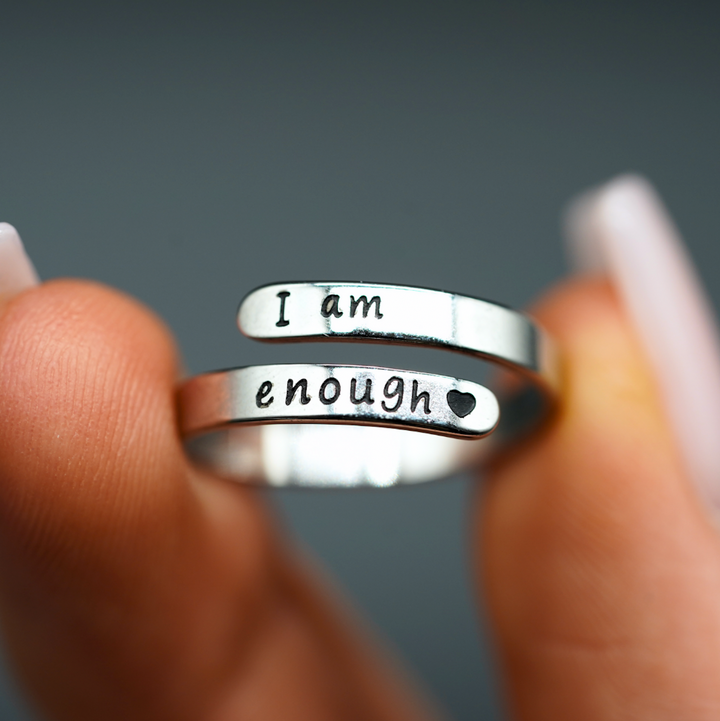 'I Am Enough' sterling silver ring for women. Self-love jewelry, an empowering affirmation gift for mental health.