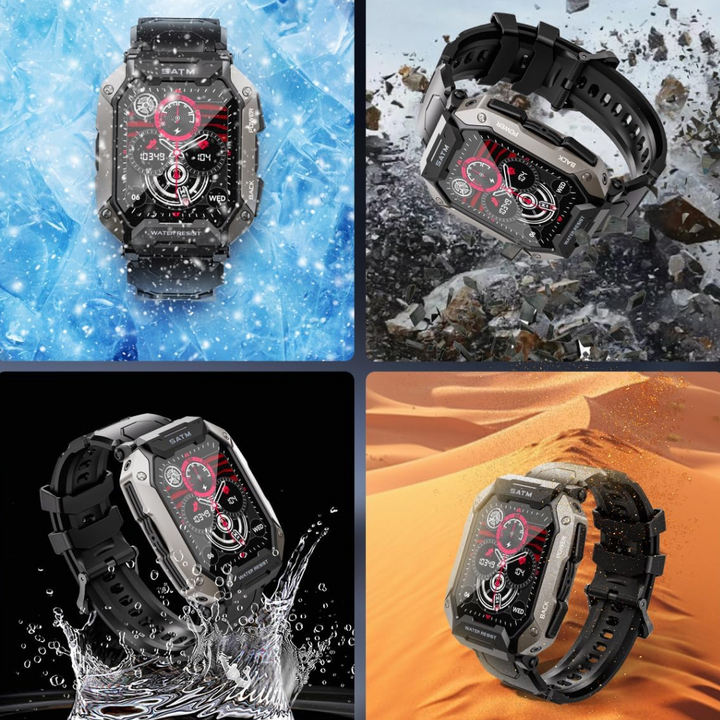 Unisex waterproof tactical smartwatch, ideal for sports and outdoor adventures, with long battery life.