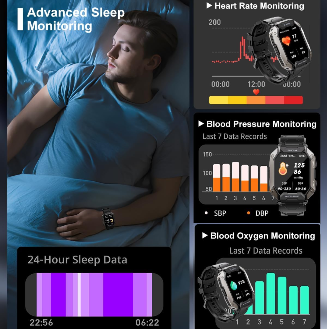 Steven tactical smartwatch with a bright display, perfect for fitness tracking and outdoor use.