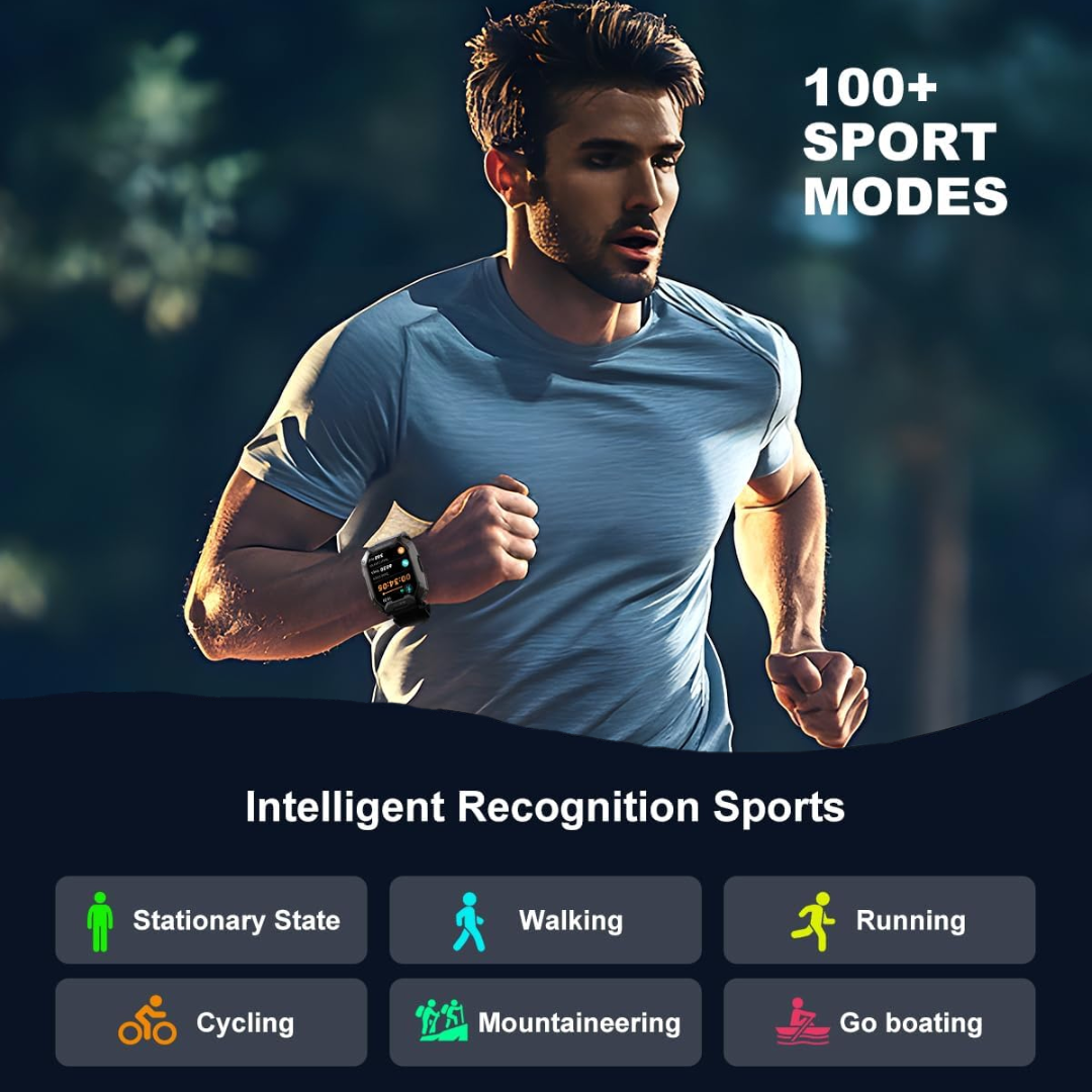Action shot of the Steven military smartwatch, a reliable fitness tracker for active lifestyles.