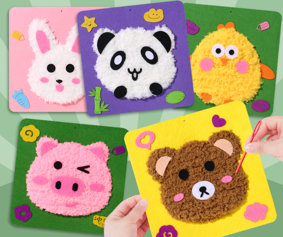 StitchMates Kids' Creative Embroidery Craft Kit with animal patterns, promoting fine motor skills and creative play.