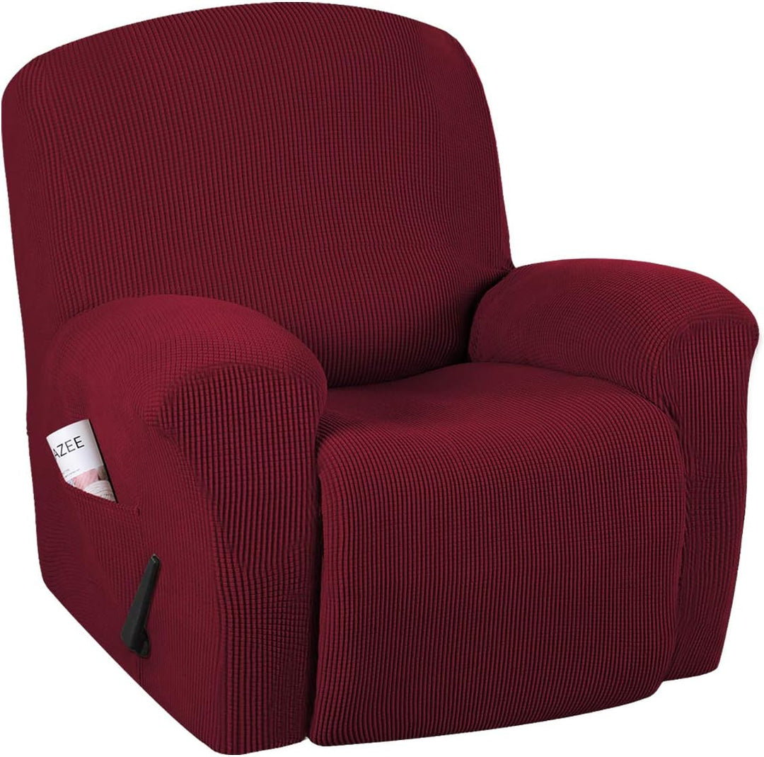 Detail of the elastic band on a stretch recliner slipcover, ensuring a snug fit for furniture