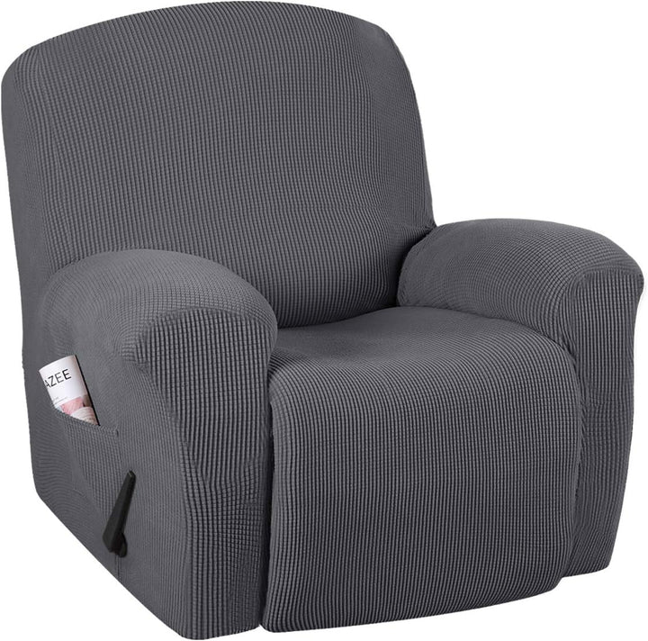 Two stretch recliner slipcovers, 1+1 FREE offer, in different colors, showing versatility and value