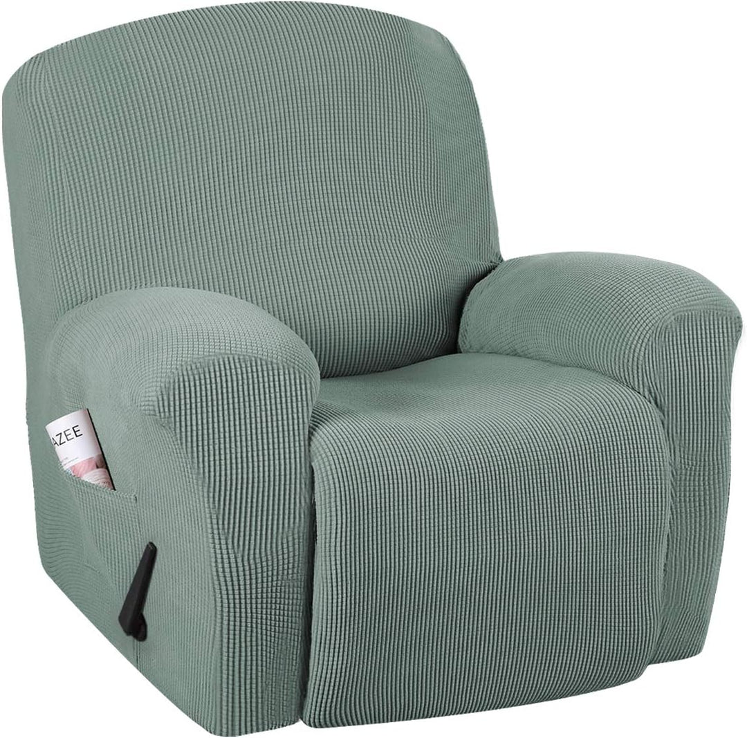 Elegant black stretch recliner slipcover, jacquard pattern design, enhancing sophisticated living room decor
