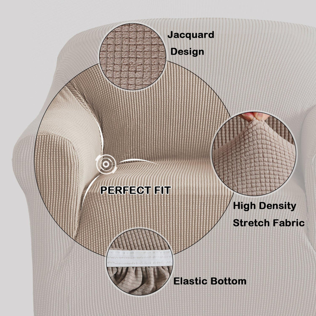 Close-up of jacquard fabric on a stretch recliner cover, showcasing texture and pet-friendly durability